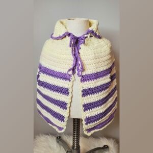 Handknitted Lavender and Ivory Stripe Poncho Set